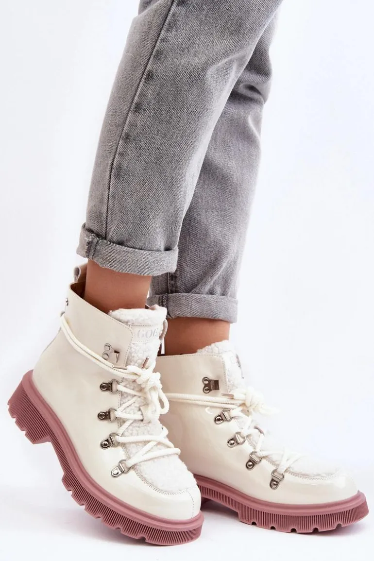 Lakierowane Skórzane Botki Trapery Damskie GOE MM2N4083 Białe