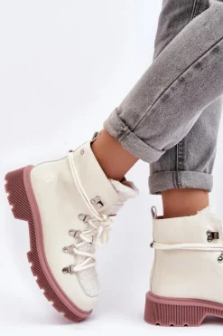 Lakierowane Skórzane Botki Trapery Damskie GOE MM2N4083 Białe