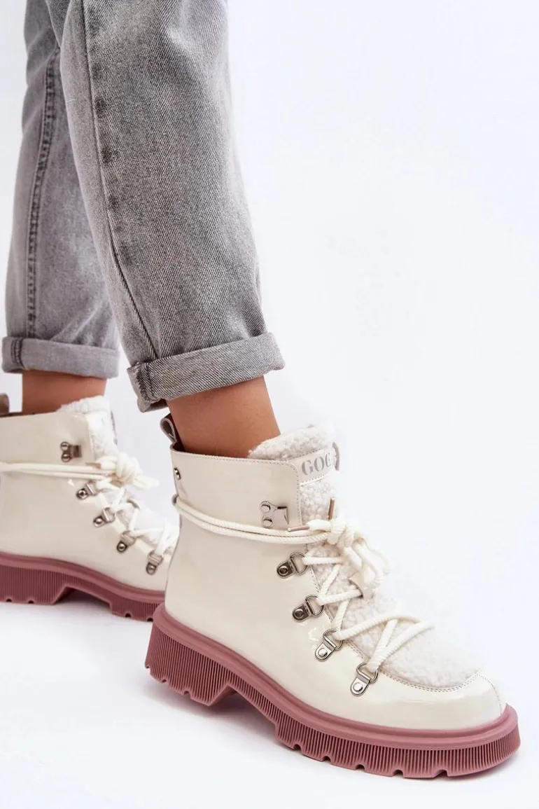 Lakierowane Skórzane Botki Trapery Damskie GOE MM2N4083 Białe