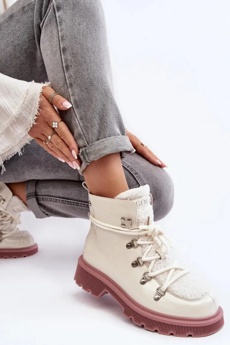 Lakierowane Skórzane Botki Trapery Damskie GOE MM2N4083 Białe