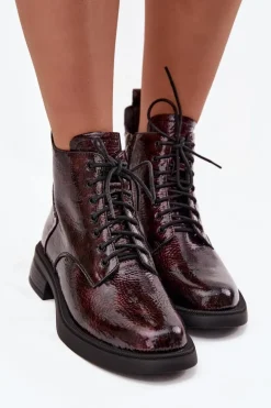 Lakierowane Skórzane Botki Damskie Na Klocku D&A LZ52-954 Bordowe
