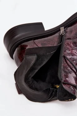 Lakierowane Skórzane Botki Damskie Na Klocku D&A LZ52-954 Bordowe