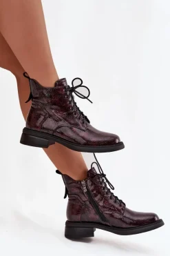 Lakierowane Skórzane Botki Damskie Na Klocku D&A LZ52-954 Bordowe