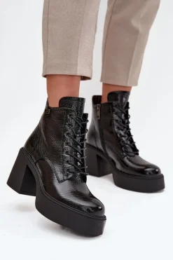 Lakierowane Skórzane Botki Damskie Na Platformie I Słupku Vinceza 66817 Czarne