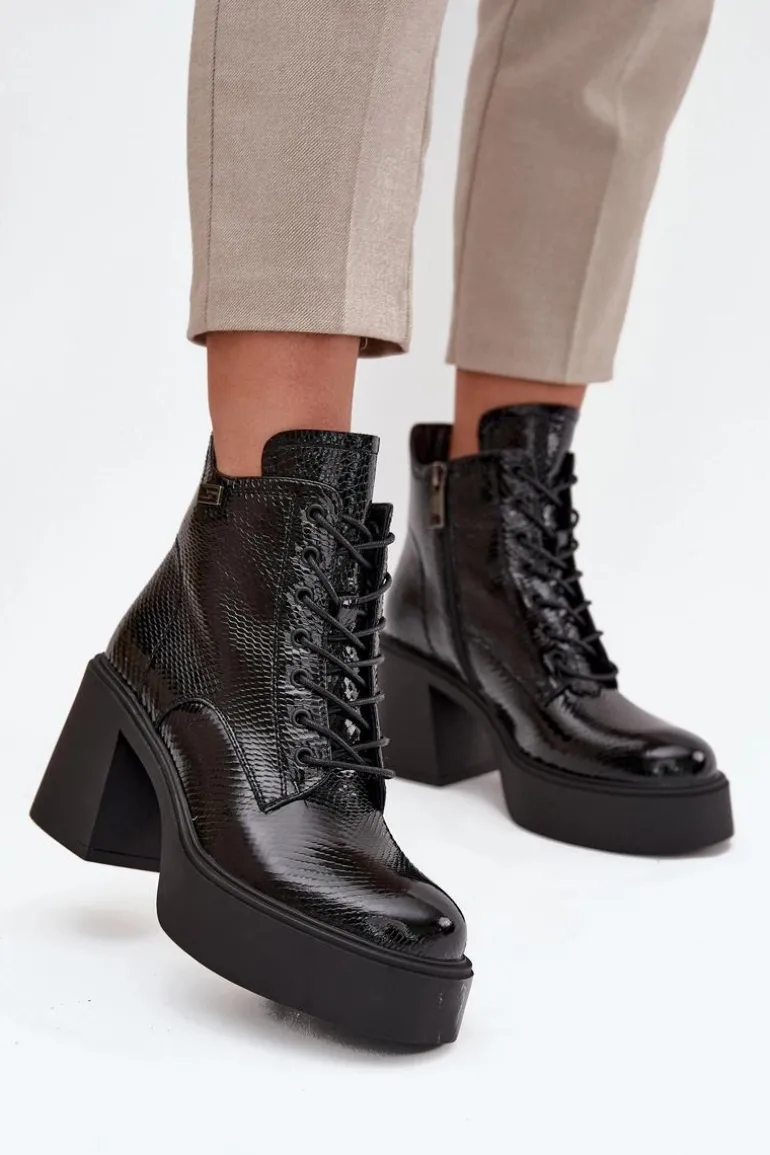 Lakierowane Skórzane Botki Damskie Na Platformie I Słupku Vinceza 66817 Czarne