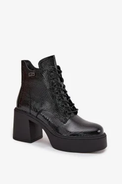 Lakierowane Skórzane Botki Damskie Na Platformie I Słupku Vinceza 66817 Czarne