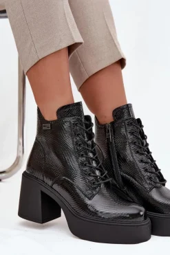 Lakierowane Skórzane Botki Damskie Na Platformie I Słupku Vinceza 66817 Czarne