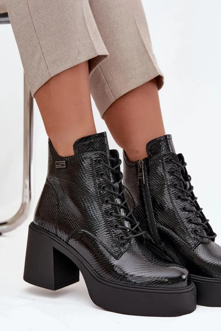 Lakierowane Skórzane Botki Damskie Na Platformie I Słupku Vinceza 66817 Czarne