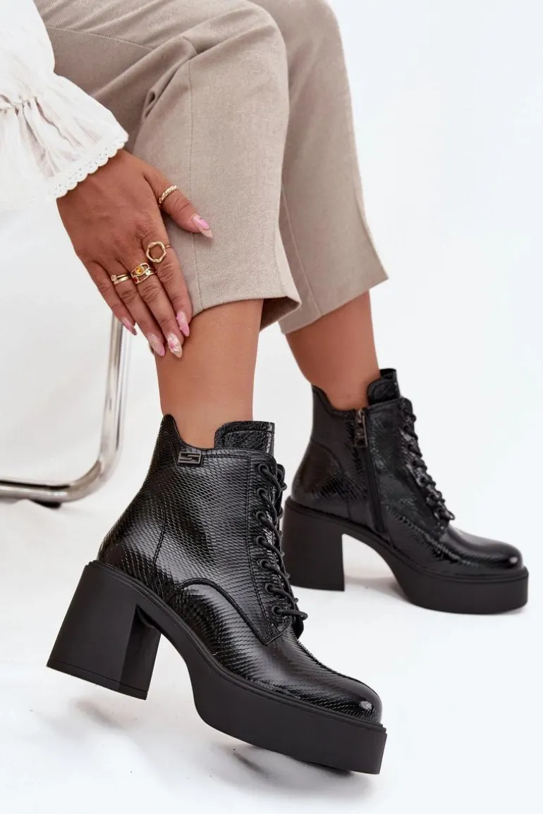 Lakierowane Skórzane Botki Damskie Na Platformie I Słupku Vinceza 66817 Czarne