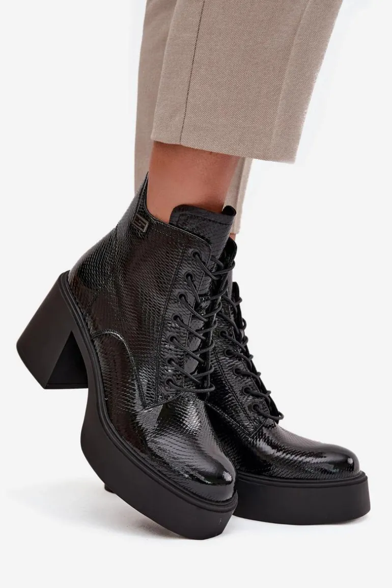 Lakierowane Skórzane Botki Damskie Na Platformie I Słupku Vinceza 66817 Czarne