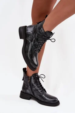 Lakierowane Skórzane Botki Damskie Na Klocku D&A LZ52-954 Granatowe