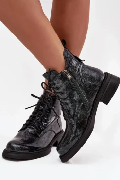 Lakierowane Skórzane Botki Damskie Na Klocku D&A LZ52-954 Granatowe