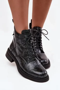 Lakierowane Skórzane Botki Damskie Na Klocku D&A LZ52-954 Granatowe