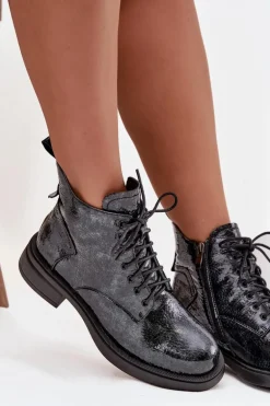 Lakierowane Skórzane Botki Damskie Na Klocku D&A LZ52-954 Granatowe