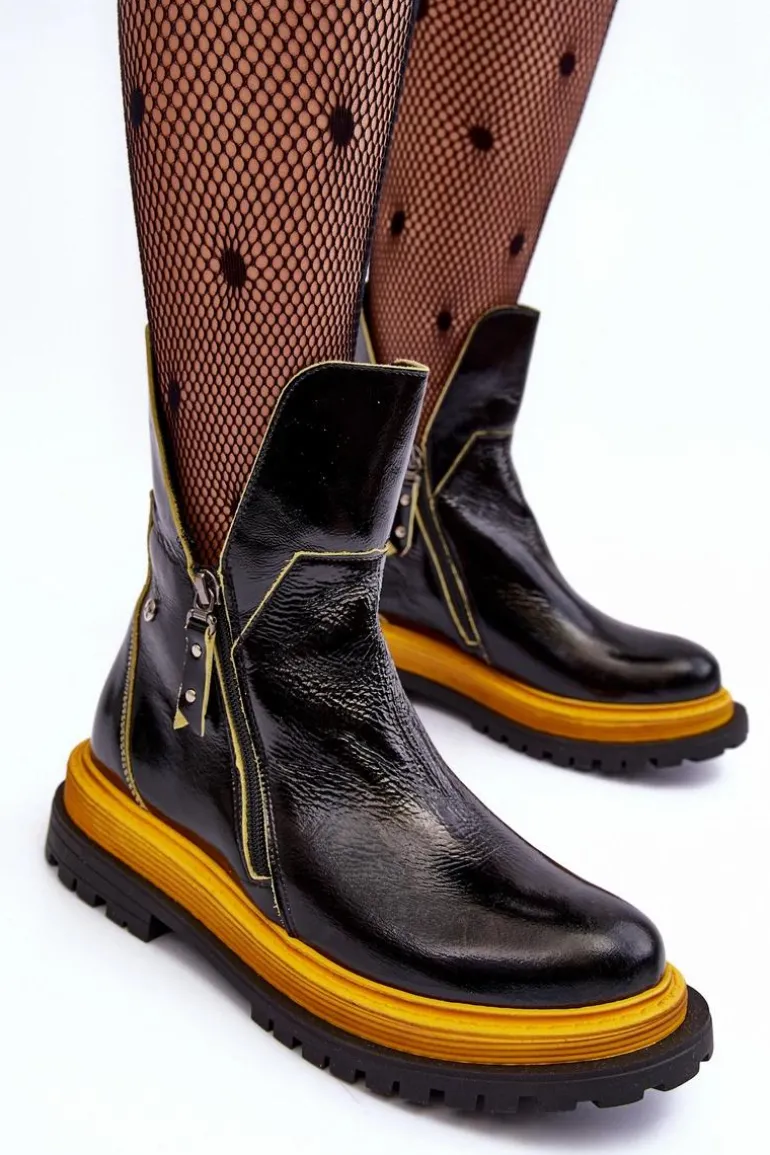 Lakierowane Skórzane Botki Damskie Maciejka 05747-07 Czarne