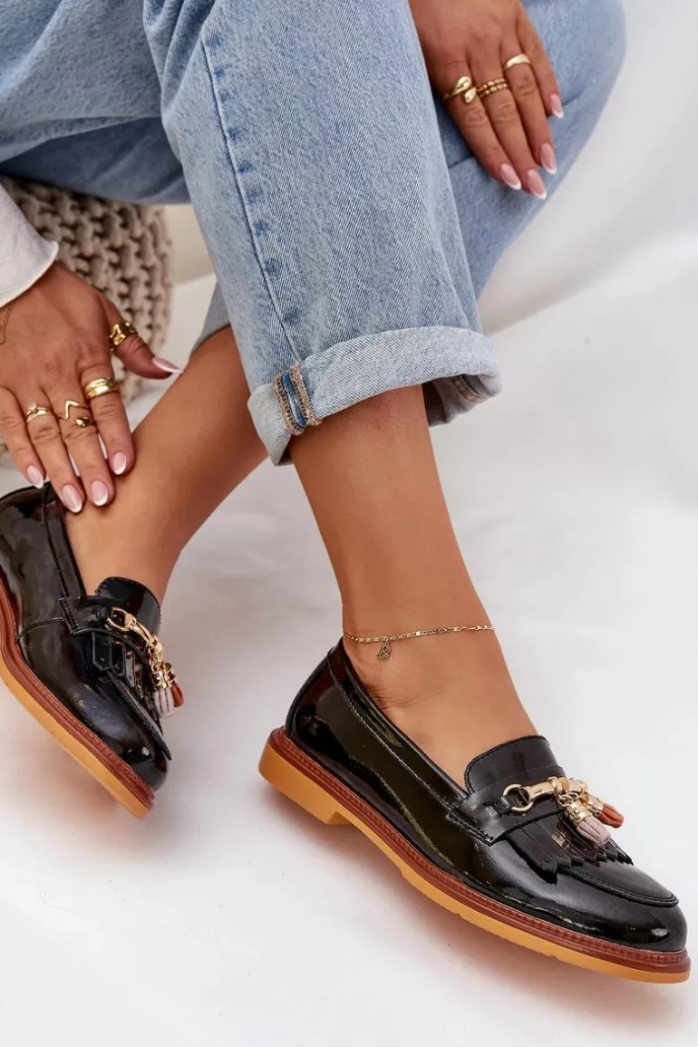 Lakierowane Skórzane Eleganckie Mokasyny Na Płaskim Obcasie S.Barski LR51-768A Czarne