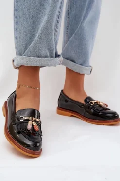 Lakierowane Skórzane Eleganckie Mokasyny Na Płaskim Obcasie S.Barski LR51-768A Czarne