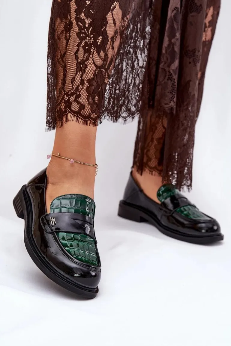 Lakierowane Skórzane Mokasyny Damskie Vinceza 91125 Zielono-Czarne