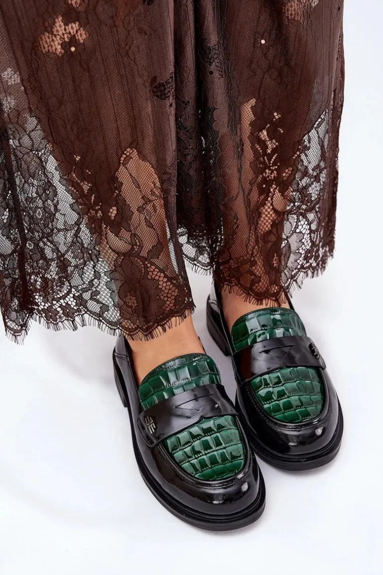 Lakierowane Skórzane Mokasyny Damskie Vinceza 91125 Zielono-Czarne