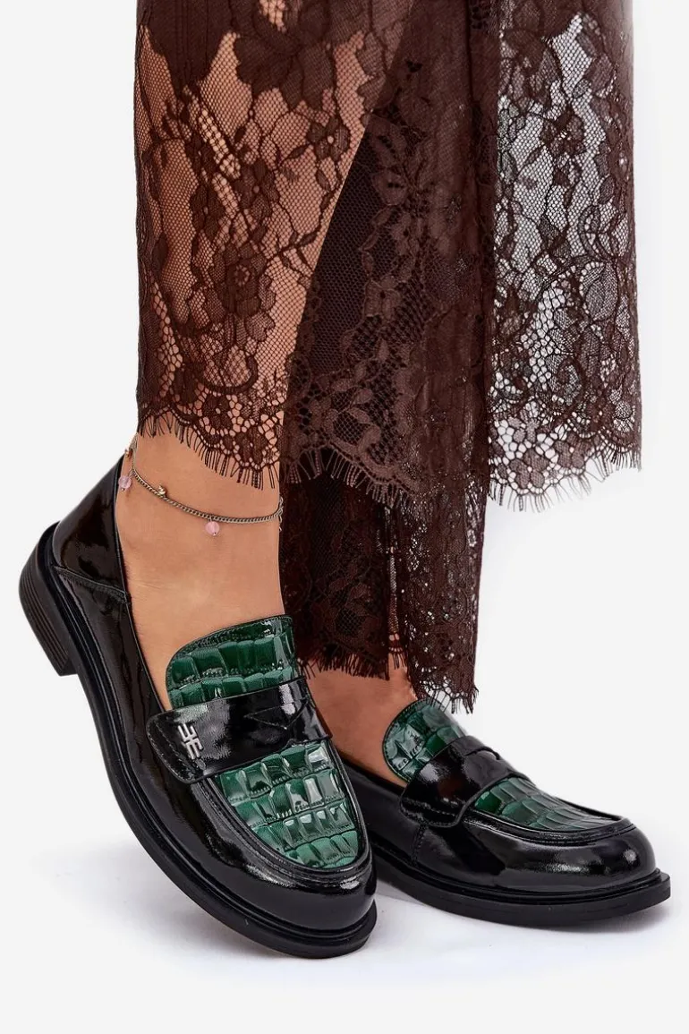 Lakierowane Skórzane Mokasyny Damskie Vinceza 91125 Zielono-Czarne
