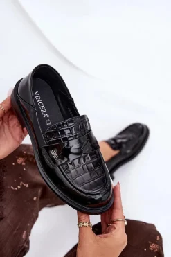 Lakierowane Skórzane Mokasyny Damskie Vinceza 91125 Czarne
