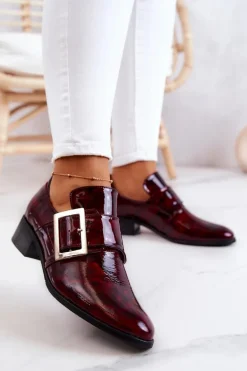 Lakierowane Skórzane Półbuty Ze Sprzączką Bordowe Taliya