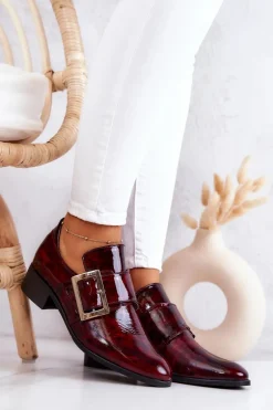 Lakierowane Skórzane Półbuty Ze Sprzączką Bordowe Taliya