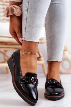 Lakierowane Skórzane Półbuty Na Koturnie Czarne Melodie