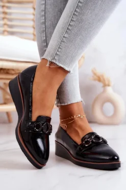Lakierowane Skórzane Półbuty Na Koturnie Czarne Melodie