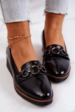 Lakierowane Skórzane Półbuty Na Koturnie Czarne Melodie