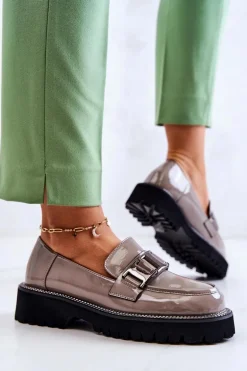 Lakierowane Skórzane Półbuty Szare Corine