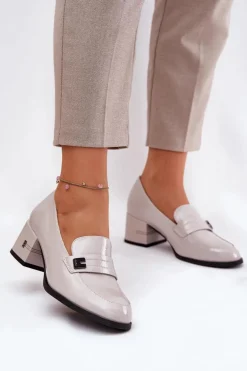 Lakierowane Skórzane Półbuty Damskie Na Obcasie Vinceza 18105 Szare