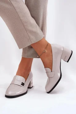 Lakierowane Skórzane Półbuty Damskie Na Obcasie Vinceza 18105 Szare