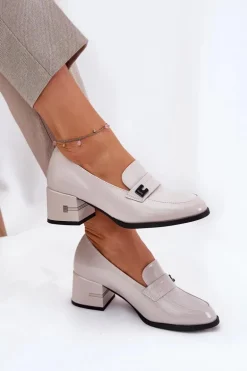 Lakierowane Skórzane Półbuty Damskie Na Obcasie Vinceza 18105 Szare