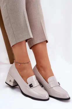 Lakierowane Skórzane Półbuty Damskie Na Obcasie Vinceza 18105 Szare