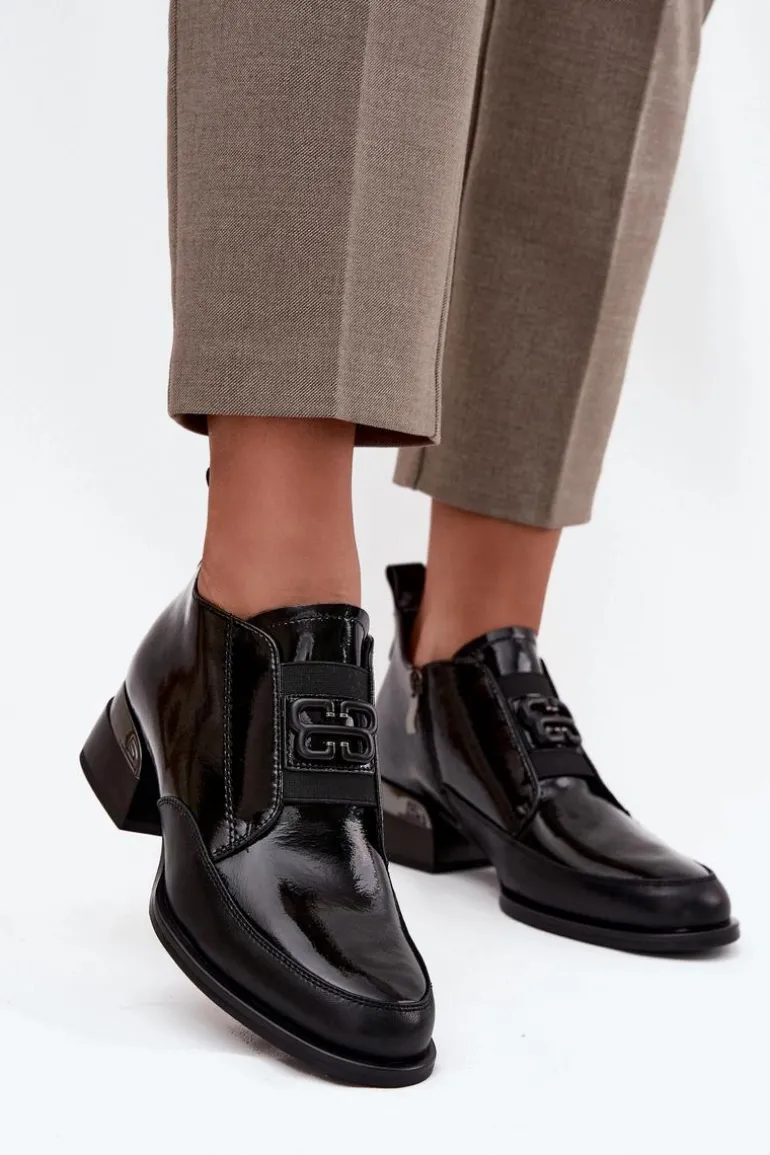 Lakierowane Skórzane Półbuty Damskie Na Niskim Obcasie Z Ozdobnym Detalem Vinceza 91161 Czarne