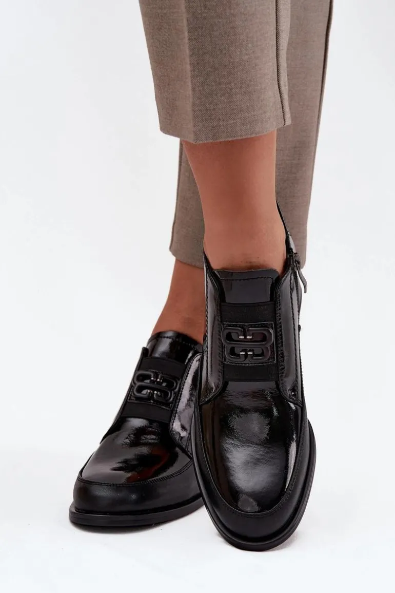 Lakierowane Skórzane Półbuty Damskie Na Niskim Obcasie Z Ozdobnym Detalem Vinceza 91161 Czarne