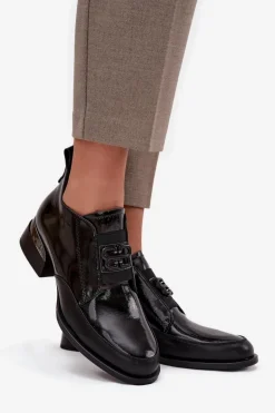 Lakierowane Skórzane Półbuty Damskie Na Niskim Obcasie Z Ozdobnym Detalem Vinceza 91161 Czarne