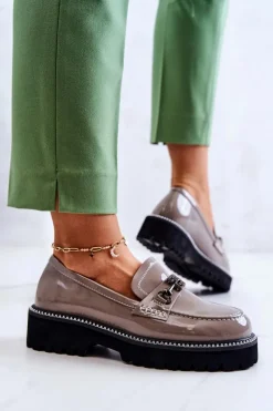 Lakierowane Skórzane Półbuty Z Ozdobą Jasnobrązowe Adison