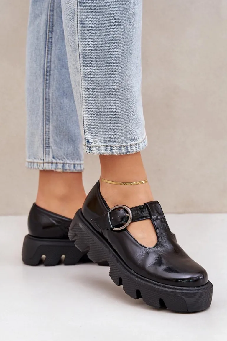 Lakierowane Skórzane Półbuty Z Klamrą Zazoo 20183 Czarne