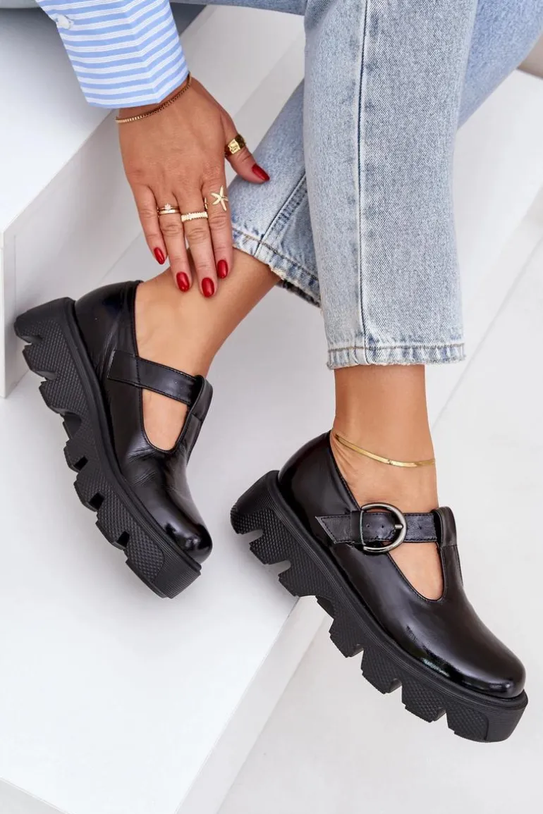 Lakierowane Skórzane Półbuty Z Klamrą Zazoo 20183 Czarne