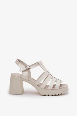 Lakierowane Skórzane Sandały Damskie Na Słupku Vinceza 66621 Jasnobeżowe