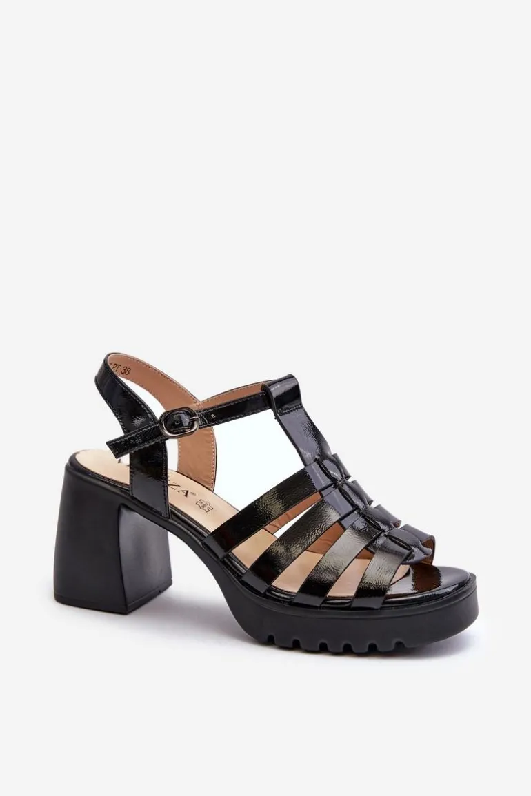 Lakierowane Skórzane Sandały Damskie Na Słupku Vinceza 66621 Czarne