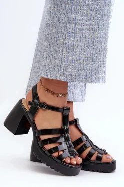 Lakierowane Skórzane Sandały Damskie Na Słupku Vinceza 66621 Czarne