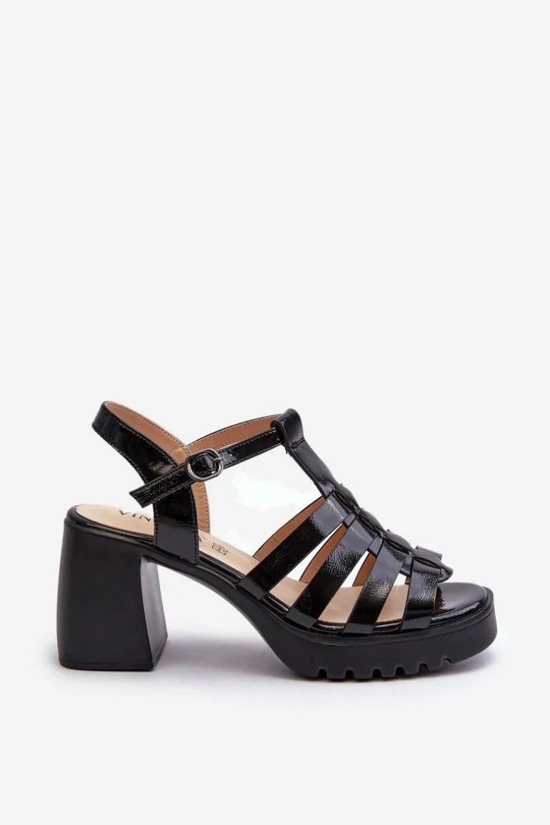Lakierowane Skórzane Sandały Damskie Na Słupku Vinceza 66621 Czarne