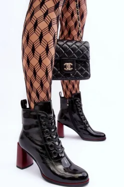 Lakierowane Sznurowane Botki Na Słupku S.Barski MR870-15 Czarne