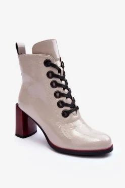 Lakierowane Sznurowane Botki Na Słupku S.Barski MR870-15 Jasnoszare