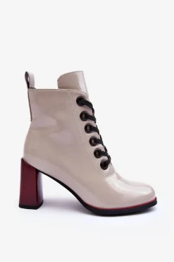 Lakierowane Sznurowane Botki Na Słupku S.Barski MR870-15 Jasnoszare