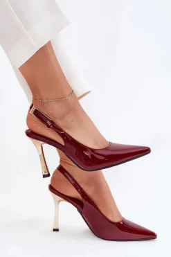 Lakierowane Szpilki Z Odkrytą Piętą I Szpiczastymi Noskami Bordowe Rivori