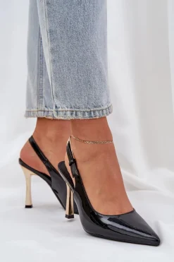 Lakierowane Szpilki Z Odkrytą Piętą I Szpiczastymi Noskami Czarne Rivori